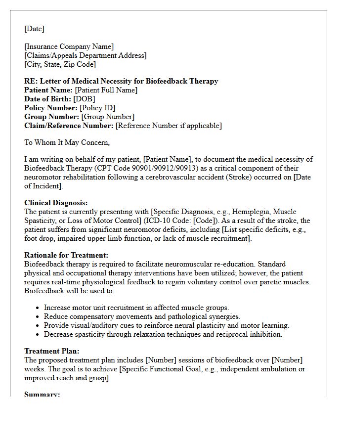 Letter of Medical Necessity for Biofeedback Therapy Services Supporting Stroke Neuromotor Rehabilitation