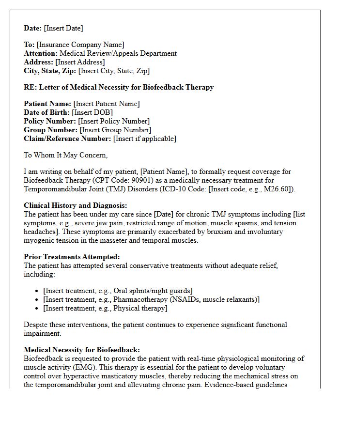 Letter of Medical Necessity for Biofeedback Therapy Services Alleviating Temporomandibular Joint Disorders