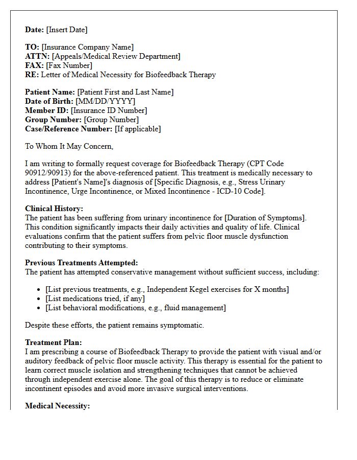 Letter of Medical Necessity for Biofeedback Therapy Services for Urinary Incontinence Correction