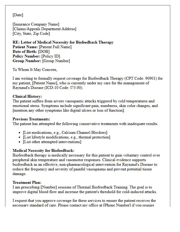 Letter of Medical Necessity for Biofeedback Therapy Services Managing Raynaud Disease Symptoms