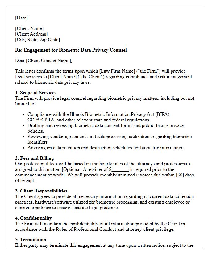 Client Engagement Letter for Biometric Data Privacy Counsel