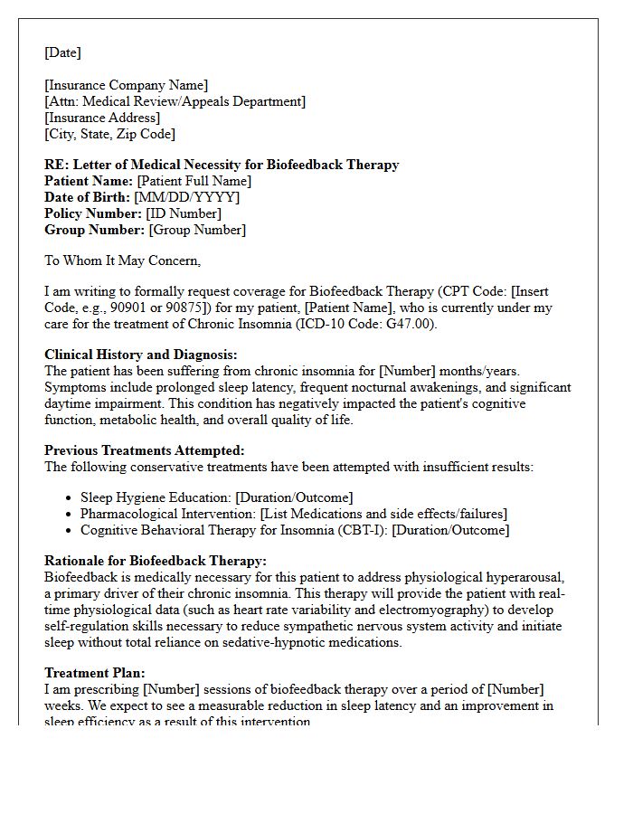 Letter of Medical Necessity for Biofeedback Therapy Services for Chronic Insomnia Regulation