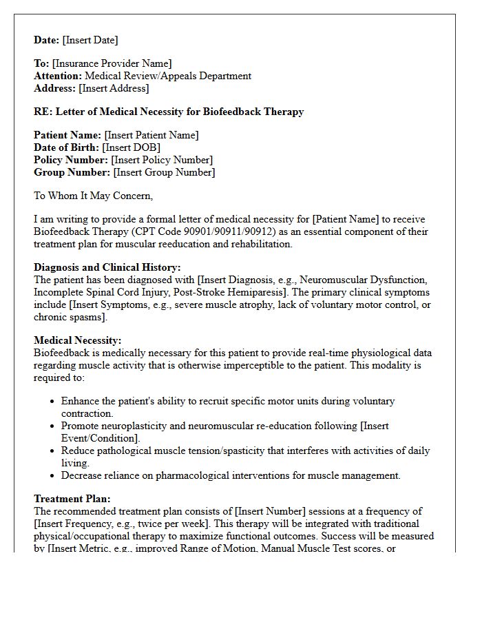 Letter of Medical Necessity for Biofeedback Therapy Services in Muscular Reeducation and Rehabilitation
