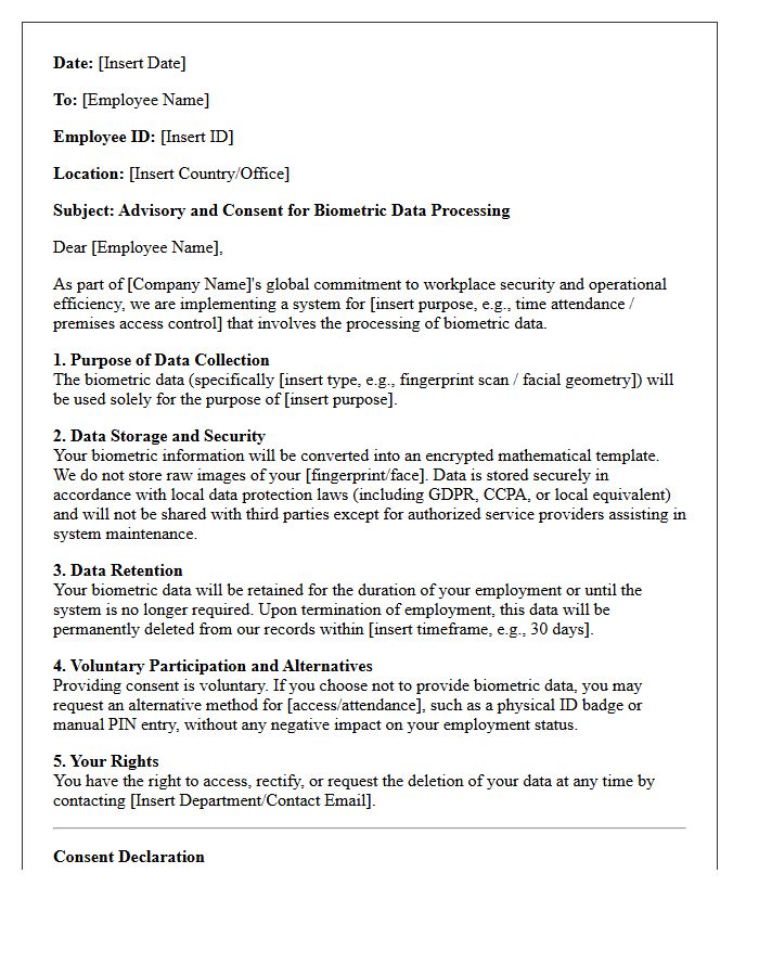 Multinational Employee Biometric Data Consent Advisory Letter