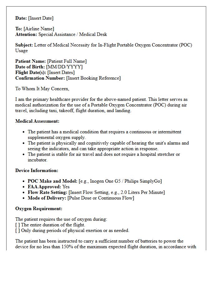 Letter of Medical Necessity for In-Flight Portable Oxygen Concentrator Usage