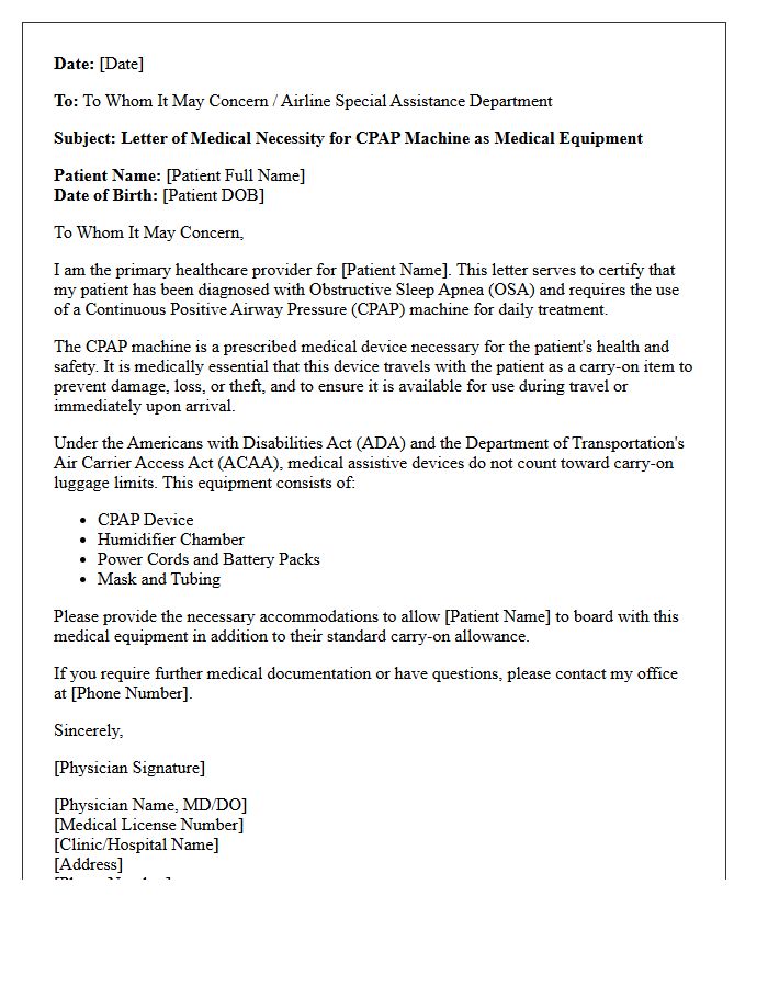 Letter of Medical Necessity for CPAP Machine Carry-On Exemptions