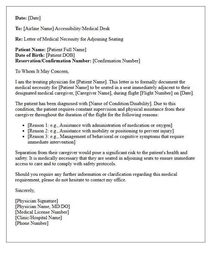 Letter of Medical Necessity for Adjoining Airline Seating for a Medical Caregiver