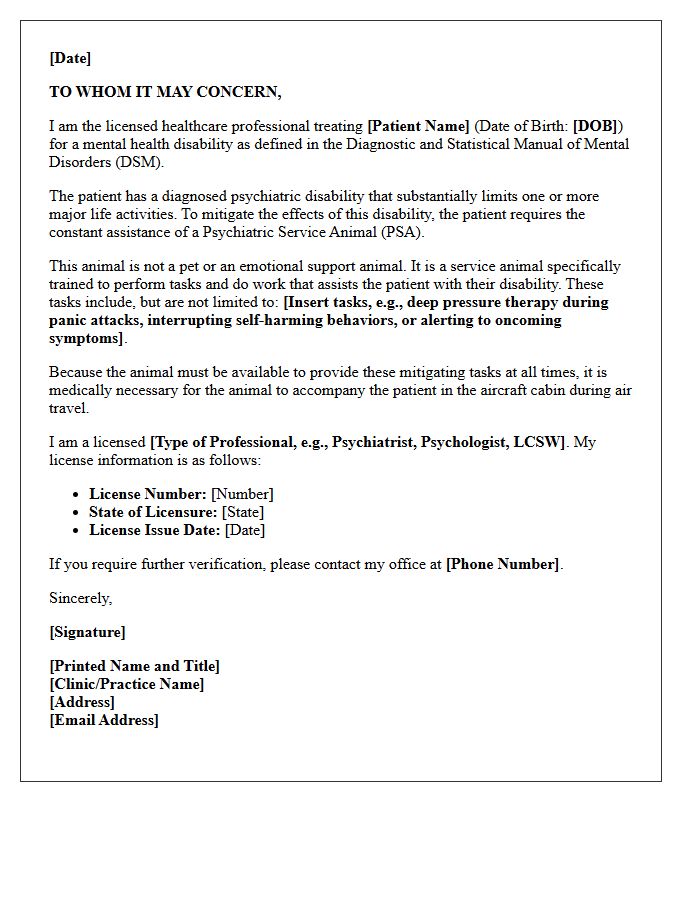 Letter of Medical Necessity for Cabin Travel With a Psychiatric Service Animal
