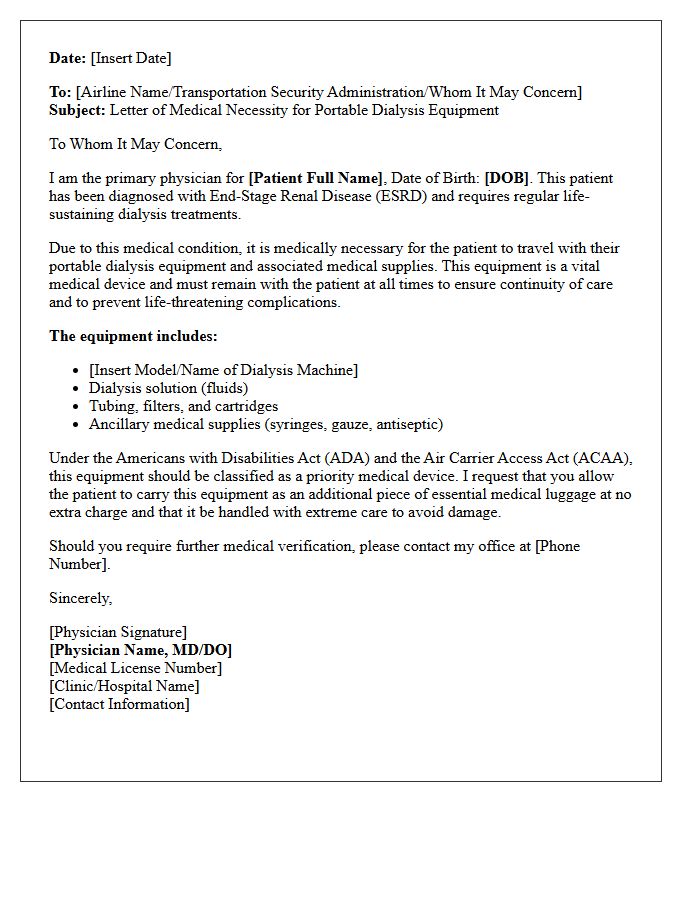 Letter of Medical Necessity for Traveling With Portable Dialysis Equipment