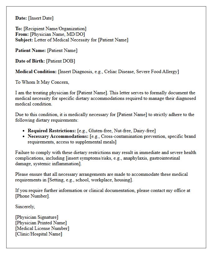 Letter of Medical Necessity for Accommodating Specialized Dietary Requirements