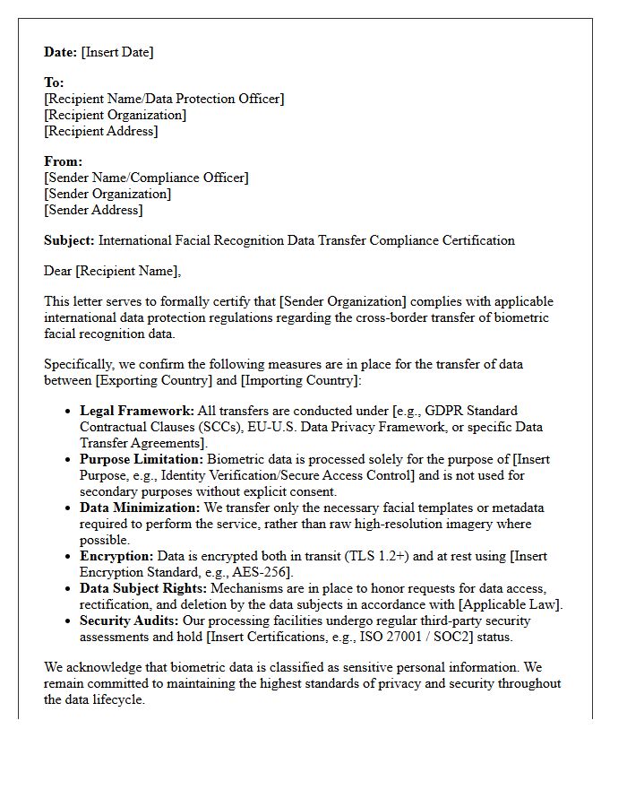 International Facial Recognition Data Transfer Compliance Letter