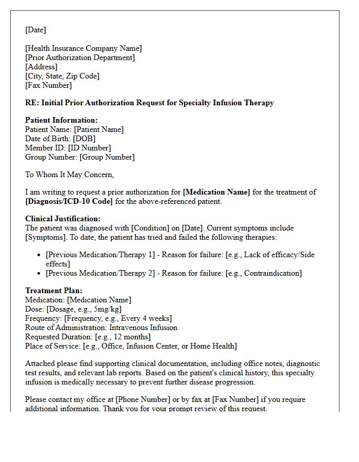 Initial Prior Authorization Request Letter for Specialty Infusion Therapy