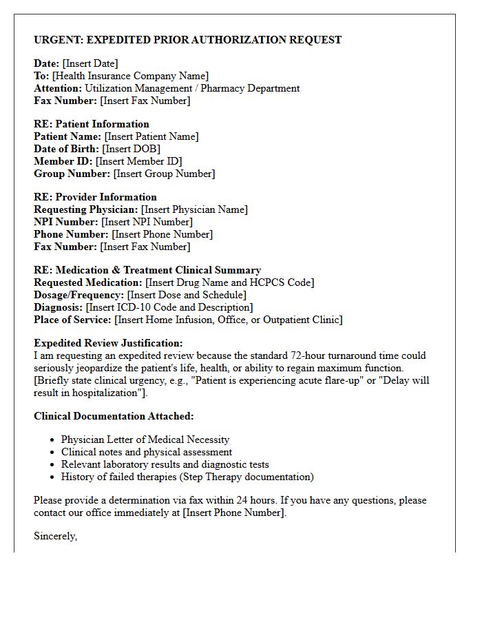 Expedited Initial Prior Authorization Request Letter for Specialty Infusion Therapy
