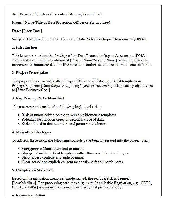 Biometric Data Protection Impact Assessment Executive Letter