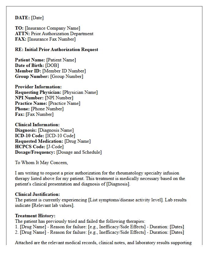 Initial Prior Authorization Request Letter for Rheumatology Specialty Infusion Therapy