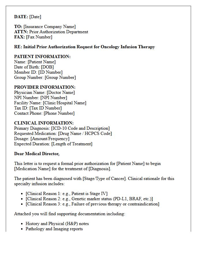 Initial Prior Authorization Request Letter for Oncology Specialty Infusion Therapy
