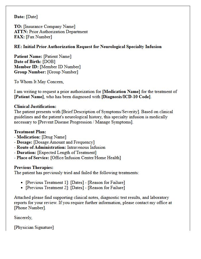 Initial Prior Authorization Request Letter for Neurological Specialty Infusion Therapy