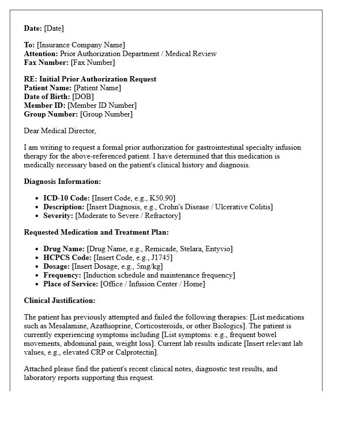 Initial Prior Authorization Request Letter for Gastrointestinal Specialty Infusion Therapy