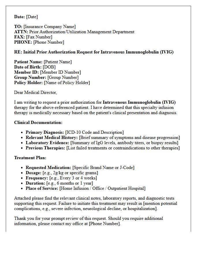 Initial Prior Authorization Request Letter for Intravenous Immunoglobulin Specialty Infusion Therapy