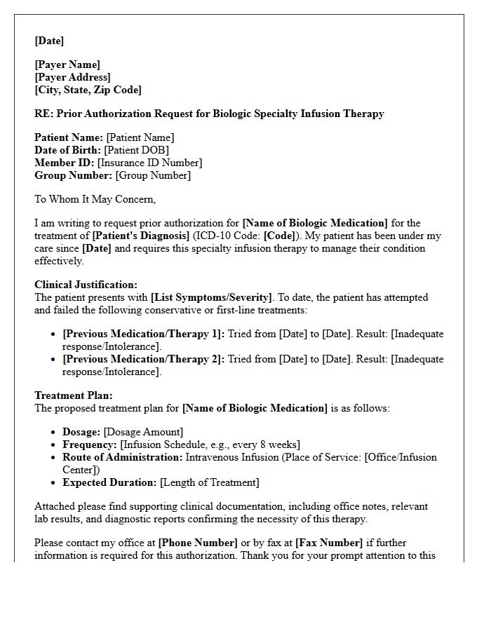 Initial Prior Authorization Request Letter for Biologic Specialty Infusion Therapy