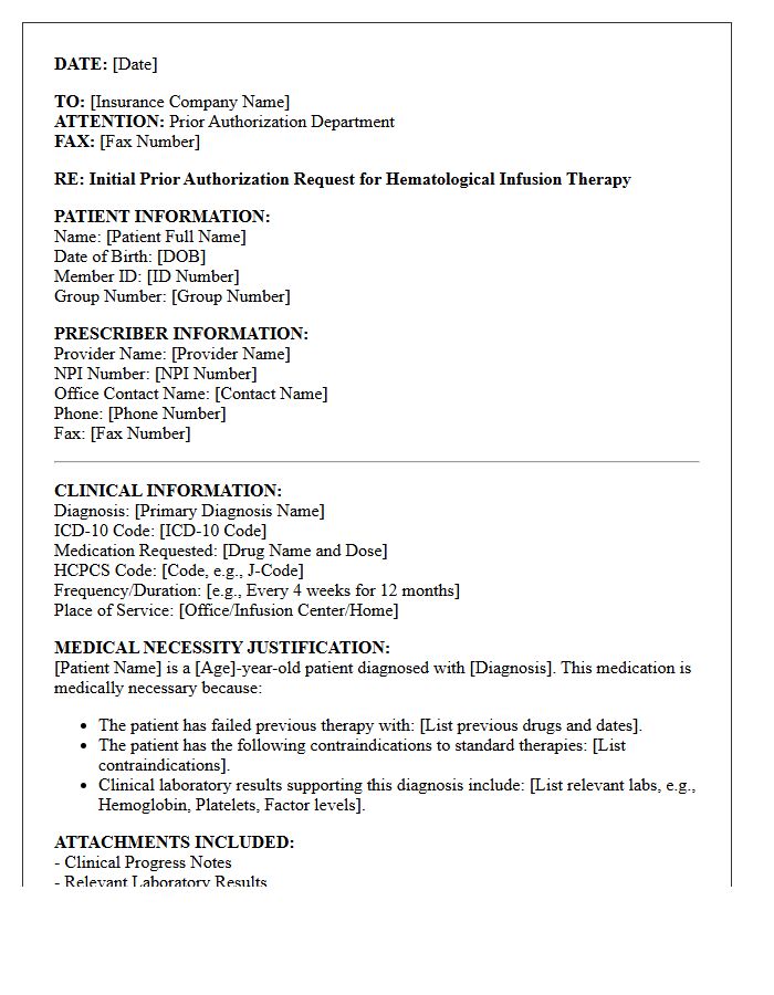 Initial Prior Authorization Request Letter for Hematological Specialty Infusion Therapy