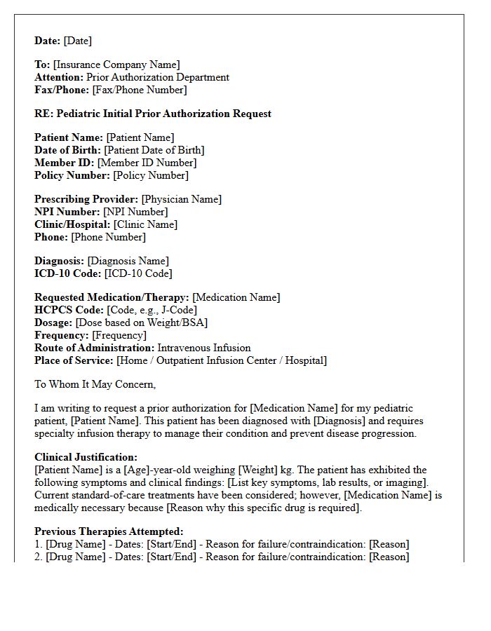 Pediatric Initial Prior Authorization Request Letter for Specialty Infusion Therapy