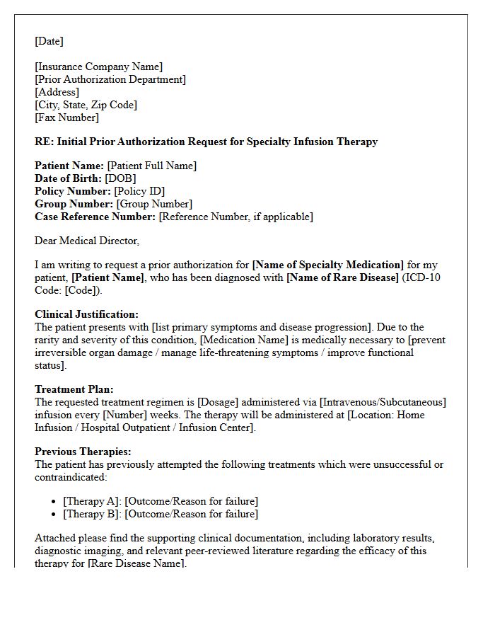 Initial Prior Authorization Request Letter for Rare Disease Specialty Infusion Therapy