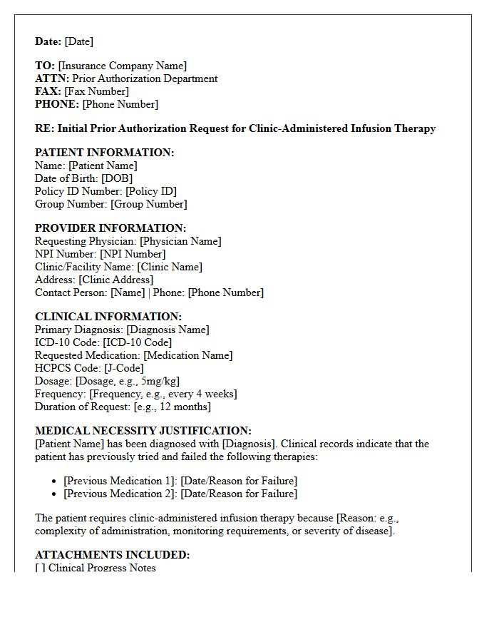 Initial Prior Authorization Request Letter for Clinic Administered Specialty Infusion Therapy