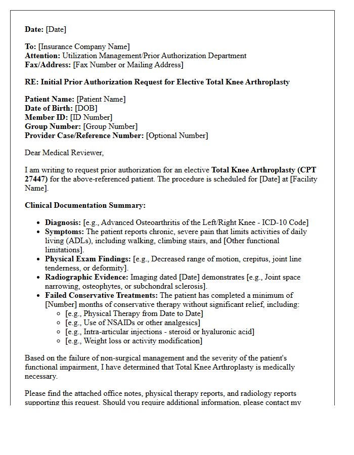 Initial Prior Authorization Request Letter for Elective Total Knee Arthroplasty