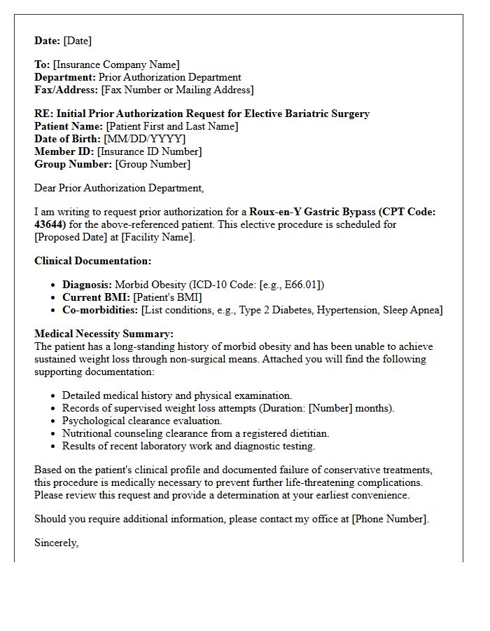 Initial Prior Authorization Request Letter for Elective Bariatric Gastric Bypass