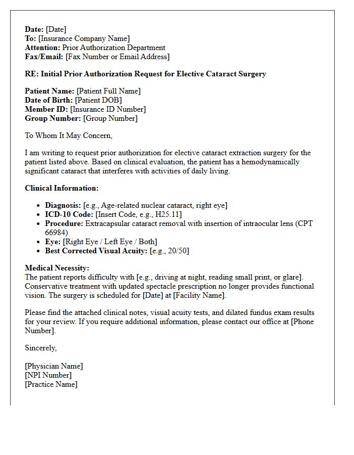 Initial Prior Authorization Request Letter for Elective Cataract Extraction Surgery