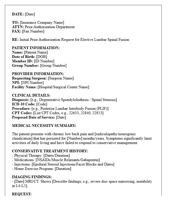 Initial Prior Authorization Request Letter for Elective Lumbar Spinal Fusion