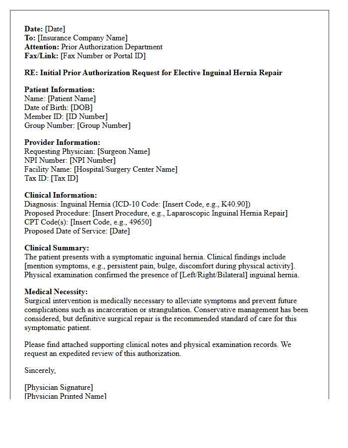 Initial Prior Authorization Request Letter for Elective Inguinal Hernia Repair