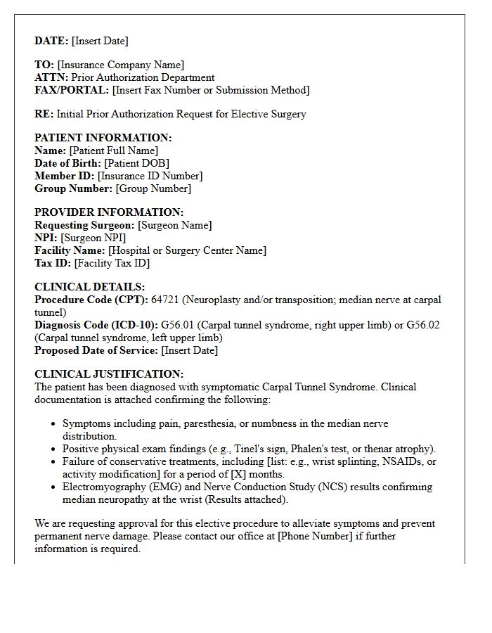 Initial Prior Authorization Request Letter for Elective Carpal Tunnel Release