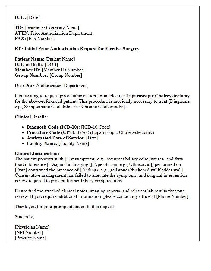Initial Prior Authorization Request Letter for Elective Laparoscopic Cholecystectomy