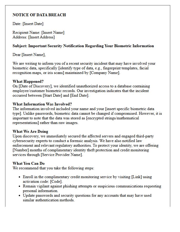 Biometric Data Breach Notification and Remediation Advisory Letter