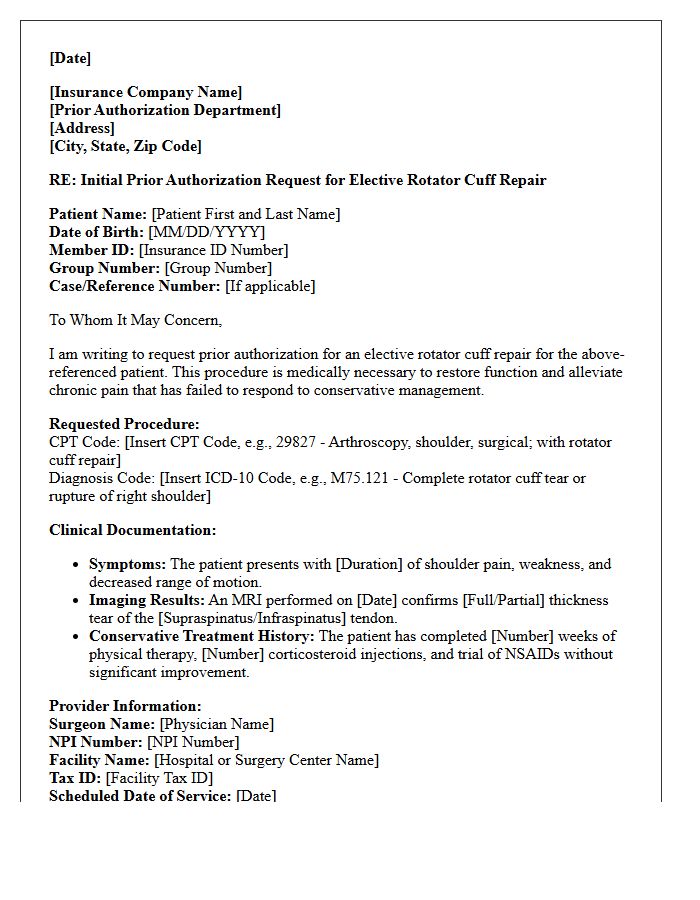 Initial Prior Authorization Request Letter for Elective Rotator Cuff Repair