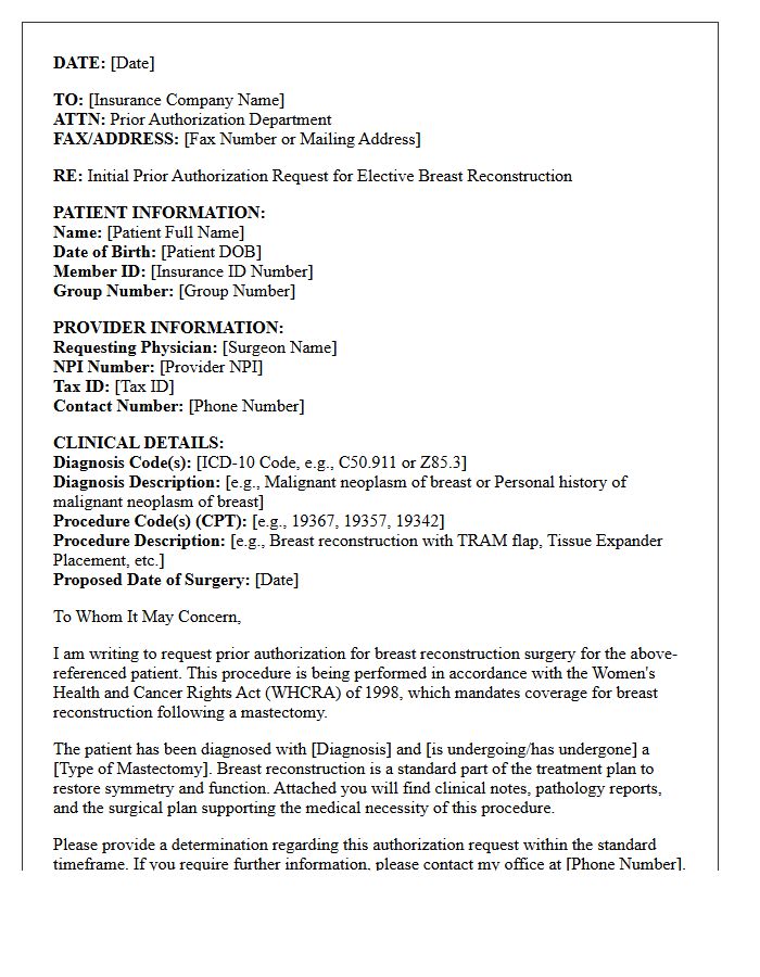 Initial Prior Authorization Request Letter for Elective Breast Reconstruction