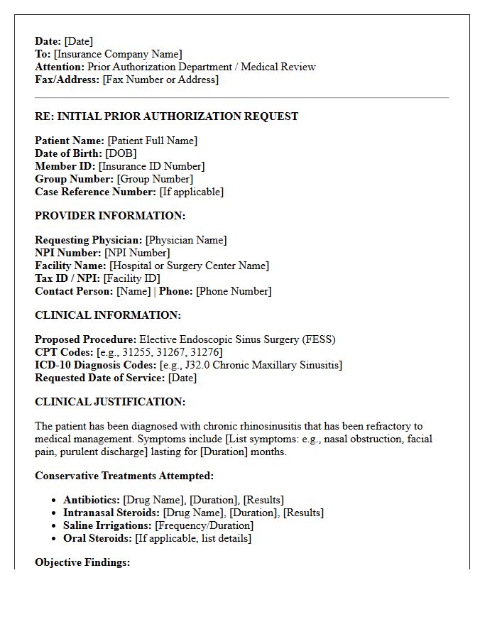 Initial Prior Authorization Request Letter for Elective Endoscopic Sinus Surgery
