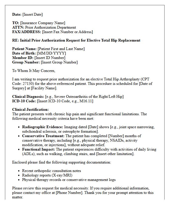 Initial Prior Authorization Request Letter for Elective Total Hip Replacement