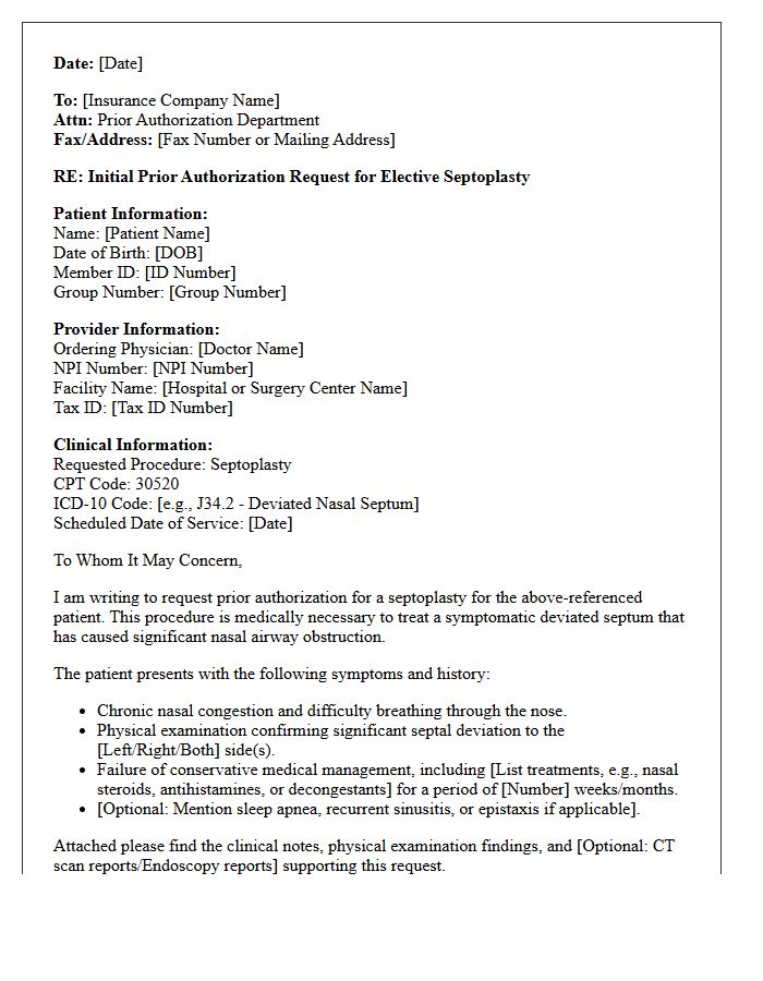 Initial Prior Authorization Request Letter for Elective Septoplasty Procedure