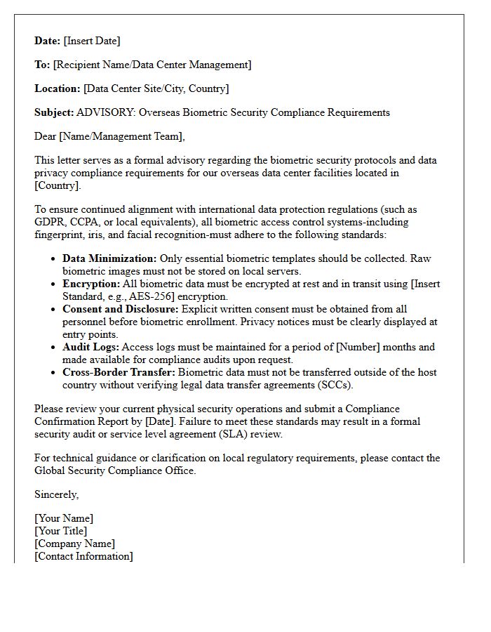Overseas Data Center Biometric Security Compliance Advisory Letter