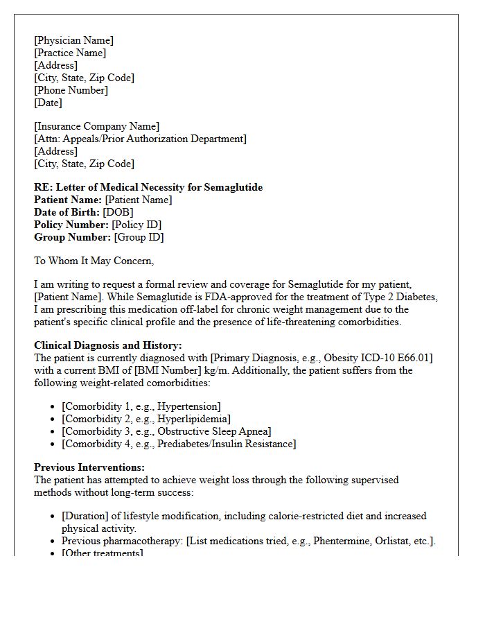 Letter of Medical Necessity for Off-Label Semaglutide for Weight Management