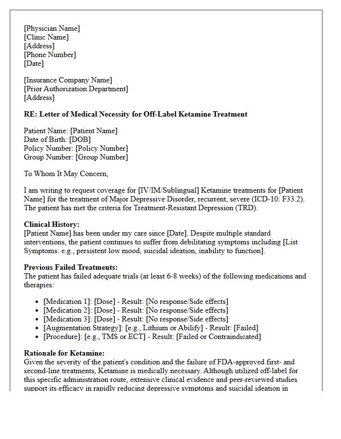 Letter of Medical Necessity for Off-Label Ketamine for Treatment-Resistant Depression