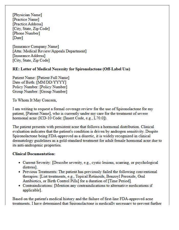 Letter of Medical Necessity for Off-Label Spironolactone for Hormonal Acne Treatment