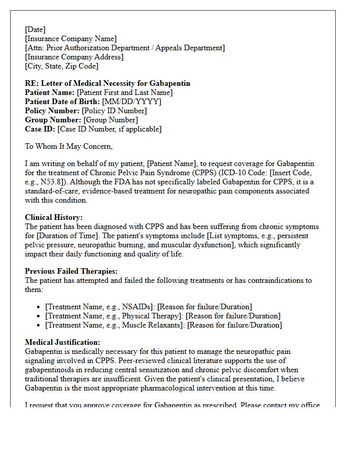 Letter of Medical Necessity for Off-Label Gabapentin for Chronic Pelvic Pain Syndrome