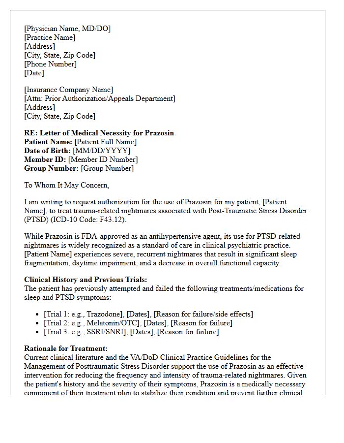 Letter of Medical Necessity for Off-Label Prazosin for Post-Traumatic Stress Disorder Nightmares
