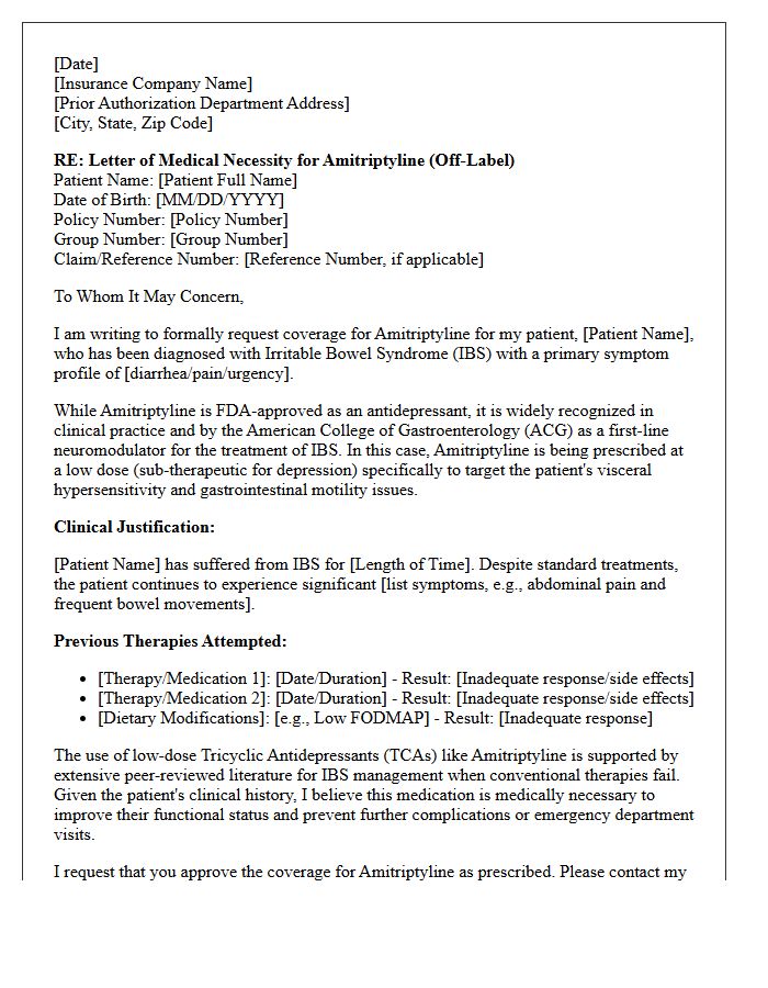 Letter of Medical Necessity for Off-Label Amitriptyline for Irritable Bowel Syndrome
