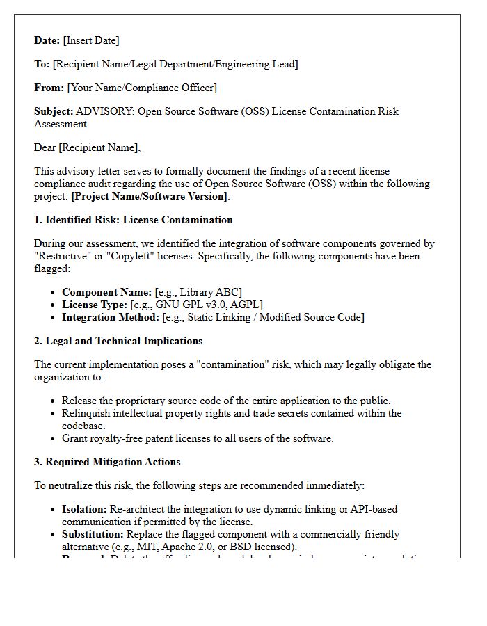 Open Source Software License Contamination Risk Assessment Advisory Letter