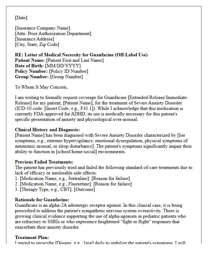 Letter of Medical Necessity for Off-Label Guanfacine for Pediatric Severe Anxiety Disorder